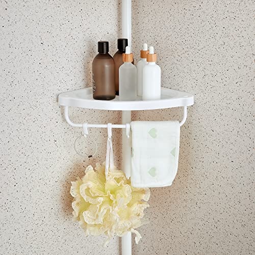 Adjustable Bathroom Corner Shelf, Telescopic Shower Caddy, 85-305 cm, Floor to Ceiling, with 4 Trays, 3 Hooks, White