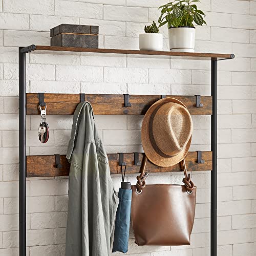 Coat Rack with Shoe Bench, 9 Removable Hooks, Top Shelf for Entrance, Hallway, Bedroom, Rustic Brown and Black