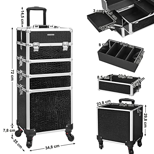 4-in-1 Professional Makeup Case, Travelling Beauty Trolley, Cosmetic Trolley for Hairdressers, Lockable Makeup Storage with Castors, Black