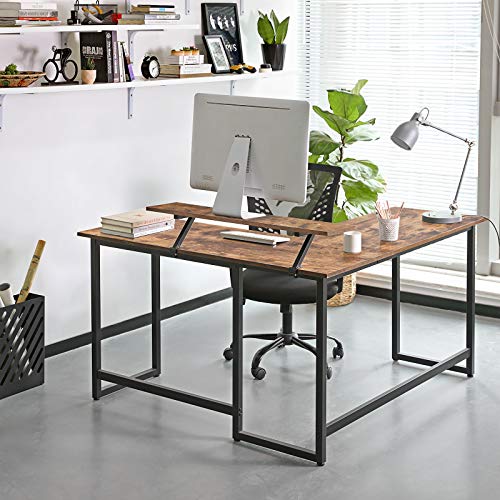 L-Shaped Desk with Screen Stand for Studying, Gaming, Working, Space-Saving, Adjustable Legs, Metal Frame, Easy Assembly, Rustic Brown  140 x 130 x 76/91.5 cm