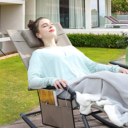 Sun Lounger, Garden Chair, Rocking Chair with Headrest and Side Pocket, Iron Structure, Breathable Synthetic, Comfortable, Max. Load Capacity 150 kg, Brown