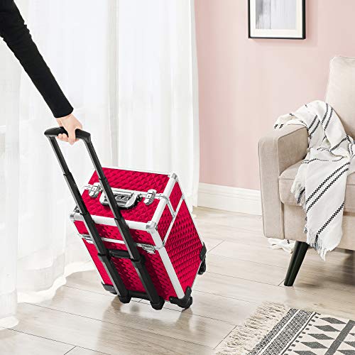 Cosmetic Case Trolley Makeup Case with Handle with 4 Universal Wheels with 4 Extendable Compartments for Travel Red