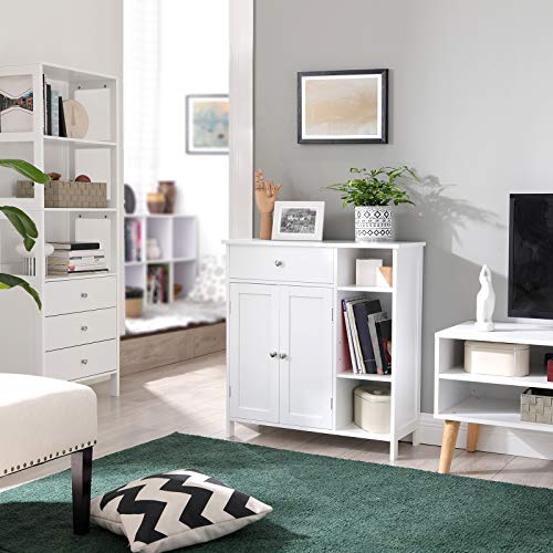 Bathroom Floor Cabinet, Storage Organiser Unit, Cupboard with Drawer, 3 Open Compartments, Adjustable Shelves, 2 Doors, 75 x 30 x 80 cm, Scandinavian Nordic Style, Matte White