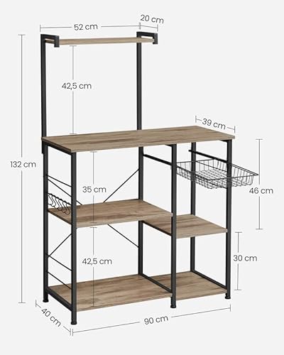 Kitchen Shelf, Standing Shelf with Metal Basket, Baker's Rack with 6 S-Hooks and Shelves, Microwave Shelf, Spice Rack, for Pots and Pans, Industrial Design, Oak Brown/Black