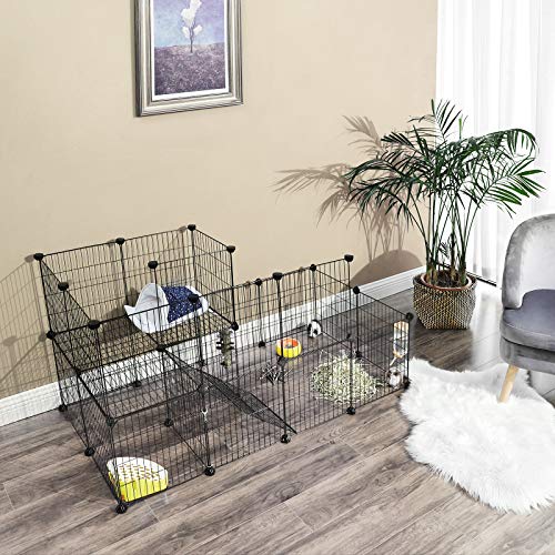 Guinea Pigs Cage, Metal Mesh Pet Playpen with Door, Customisable Fence for Small Animal, Rabbit, for Indoor Use, with Rubber Mallet, 143 x 73 x 71 cm Black