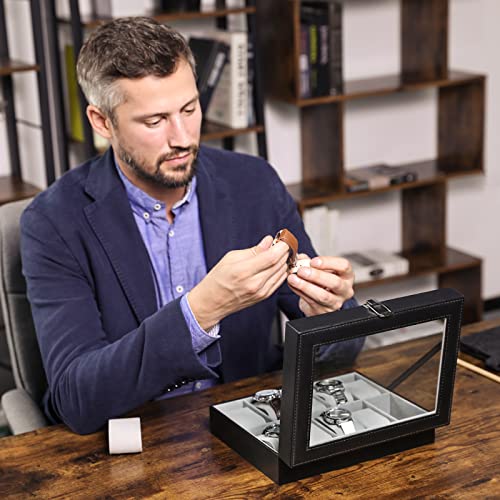 Watch Box with 10 Slots, Watch Case with Glass Lid, Watch Display Box with Removable Watch Pillows, Metal Clasp, Gift Idea, Black Synthetic Leather, Grey Lining