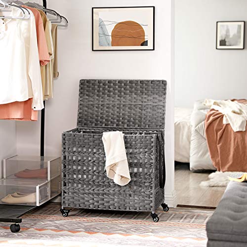 Handwoven Laundry Basket with Lid, Rattan-Style Laundry Hamper with 3 Separate Compartments, Handles, Removable Liner Bags, for Living Room, Bathroom, Laundry Room, Grey