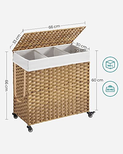 Laundry Basket, Handwoven Laundry Hamper, 140L Rattan-Style Washing Basket with 3 Compartments, Removable Liner, Handles, Lid, Living Room, Bathroom, 66 x 33 x 60 cm, Natural