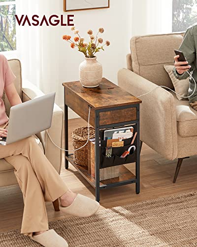 Side Table Folding Bedside Table with Sockets Folding Table Top with Shelf and Fabric Bag for Living Room Bedroom Vintage Brown Black