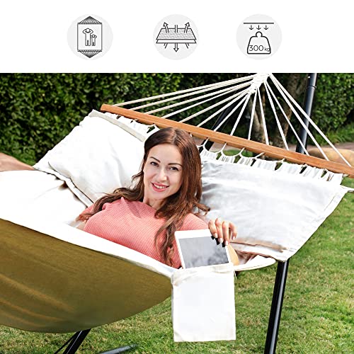 Double Hammock with 2 Pillows, Swing Bed Suitable for 2 Person, 70% Cotton, 210 x 150 cm, Load Capacity 300 kg, Beige