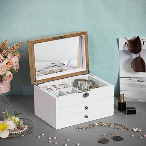 Jewellery Box, 3-Tier Jewellery Organiser with Large Mirror, 2 Drawers, Lockable, Gift for Loved Ones, for Rings, Earrings, Bracelets, Necklaces, White and Wood Grain Colour