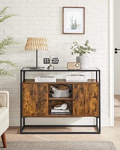 Sideboard, Side Cabinet, Storage Cabinet with Glass Surface and Open Compartments, Living Room, Hallway, Steel Frame, Tempered Glass, Industrial, Rustic Brown and Black