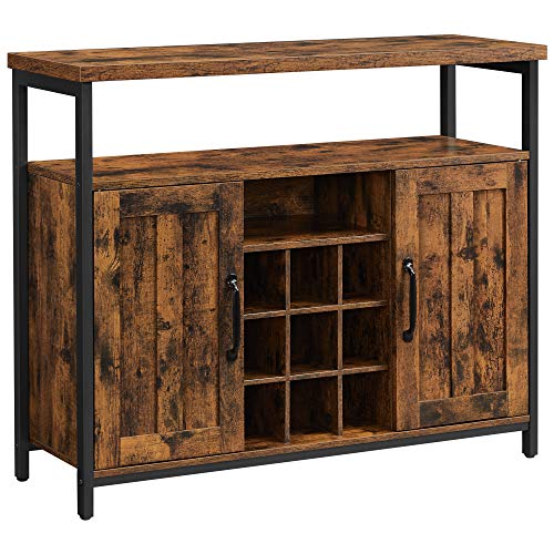 Storage Cabinet, Sideboard and Buffet Table with Wine Holder, 2-Door Cupboard for Dining Room, Living Room, Kitchen, 100 x 35 x 81.4 cm, Industrial, Rustic Brown and Black