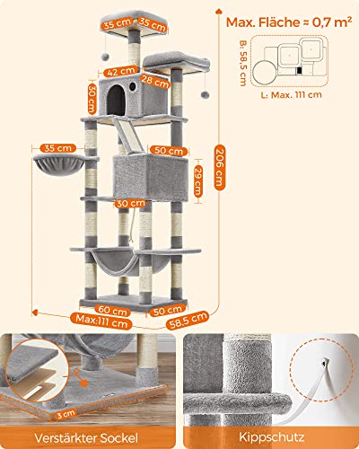 Cat Tree, 206 cm Large Cat Tower with 13 Scratching Posts, 1 Scratching Ramp, 2 Perches, 2 Caves, Basket, Hammock, Pompoms, Multi-Level Plush Cat Condo for Indoor Cats, Light Grey