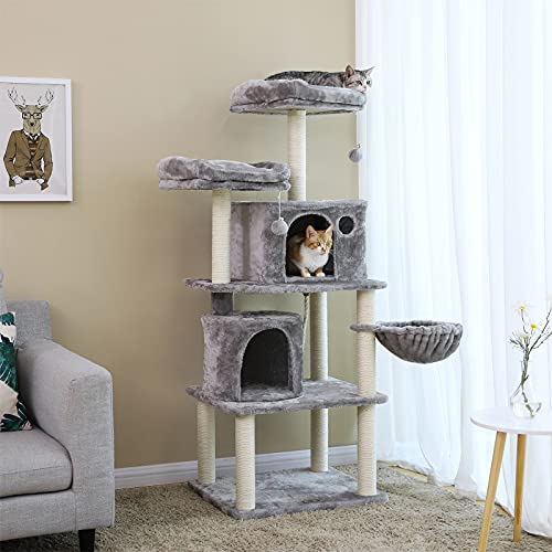 Cat Tree, Tall Cat Tower, 2 Caves, Light Grey