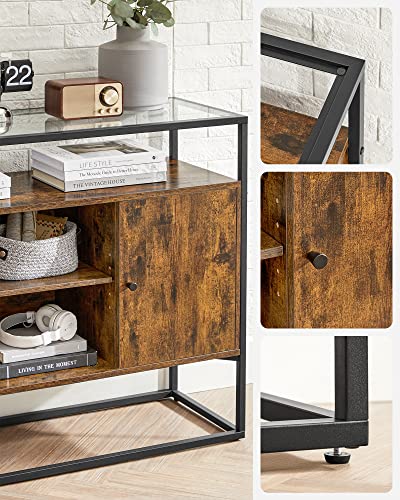 Sideboard, Side Cabinet, Storage Cabinet with Glass Surface and Open Compartments, Living Room, Hallway, Steel Frame, Tempered Glass, Industrial, Rustic Brown and Black