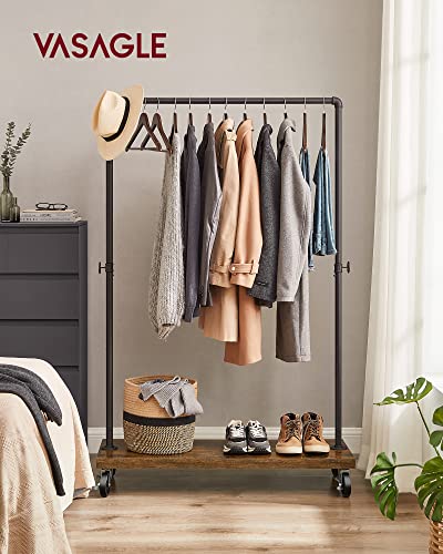 Clothes Rail for Bedroom, Heavy-Duty Clothes Rack, Industrial Pipe Rolling Garment Rack with Shelf, Top Rail Max. Load 90 kg, Laundry Room, Retail Store, Rustic Brown and Black