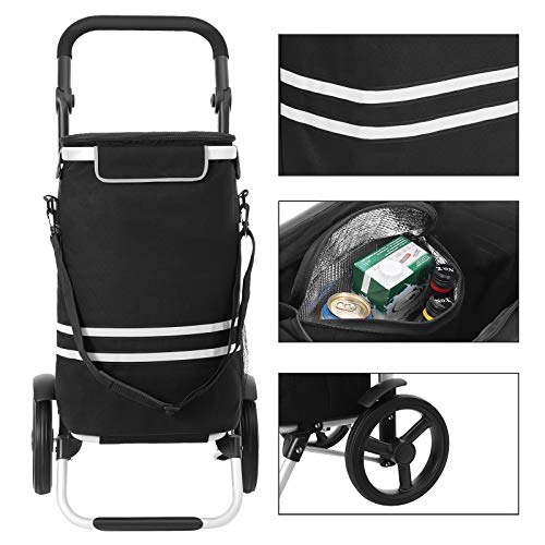 Shopping Trolley, Foldable Shopping Cart, Solid, with Insulated Cooling Bag, Large Capacity 35L, Multifunctional Luggage Cart with Wheels, Detachable Backpack, Black