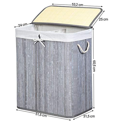 Divided Laundry Basket with Lid, Bamboo Laundry Hamper with 2 Sections, Removable Liners, Cotton Handles, 100L Storage Capacity, for Laundry Room, Bedroom, Distressed Grey