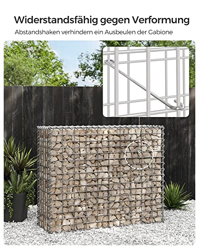 Gabion Basket, Metal Gabion Cage with 5 x 10 cm Mesh for Stones, Galvanised, Garden Decor Wall Partition, 100 x 80 x 30 cm, Silver