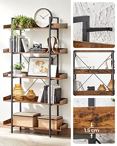 Bookshelf, 5-Tier Shelving Unit, Spacious Storage Shelves, Easy Assembly, Living Room, Bedroom, Home Office, Industrial, Rustic Brown and Black