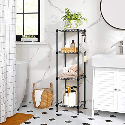 Bathroom Shelf, 4-Tier Wire Shelving Unit, Metal Storage Rack, Total Load Capacity 80 kg, with 4 PP Sheets, Removable Hooks, 30 x 30 x 102 cm for Small Space, Black