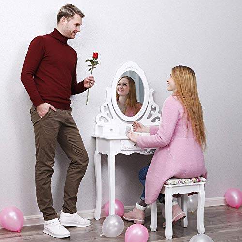 Princess Dressing Table Stool Set and 360 Degree Swiveling Mirror Makeup Desk 4 Drawers Vanity Furniture Easy to Assemble Bedroom White