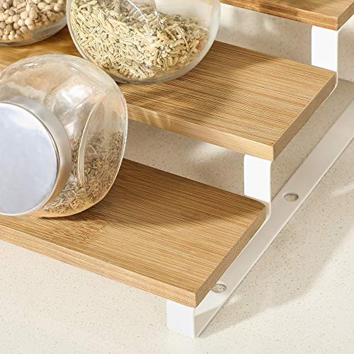 Spice Rack, Set of 2 Cabinet Shelf Organisers, 3-Tier Extendable Spice Holder, Bamboo, Stackable, for Pantry, Cupboard, Countertop, Natural and White