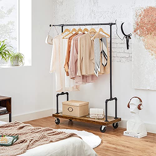 Clothes Rail, Heavy-Duty Clothes Rack with Extendable Hanging Rail, Shelf and Wheels, Industrial Pipe Design, Rustic Brown and Black