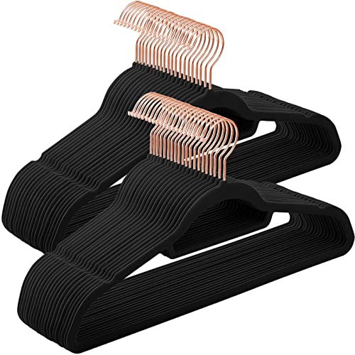 Velvet Hangers, 50-Pack, Non-Slip Clothes Hanger with Rose Gold Colour Swivel Hook, 0.6 cm Thick and Space Saving, 45 cm Long for Coat, Shirt, Dress, Trousers, Ties, Black