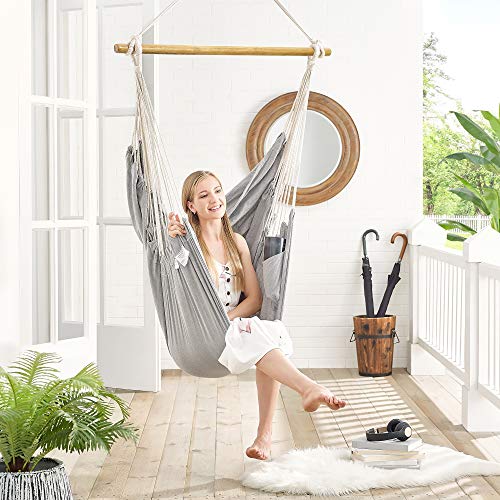 Hanging Chair, Hanging Chair with 2 Cushions, Metal Chain, Maximum Load 150 kg, Indoor and Outdoor Use, Living Room, Bedroom, Grey