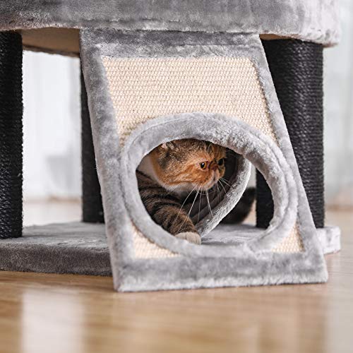 Cat Tree, Large Cat Tower with Fluffy Plush Perch, Cat Condo with Basket Lounger and Cuddle Cave, Extra Thick Posts Completely Wrapped in Black Sisal, Stable, Comfortable, Light Grey