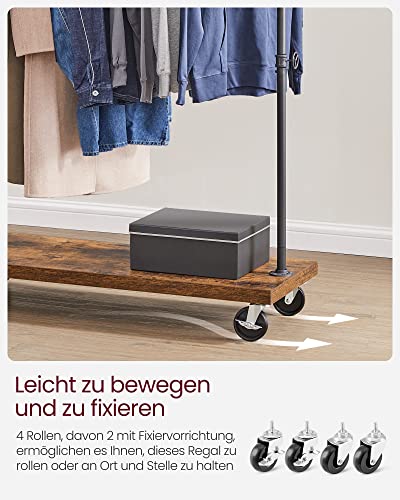 Clothes Rail for Bedroom, Heavy-Duty Clothes Rack, Industrial Pipe Rolling Garment Rack with Shelf, Top Rail Max. Load 90 kg, Laundry Room, Retail Store, Rustic Brown and Black