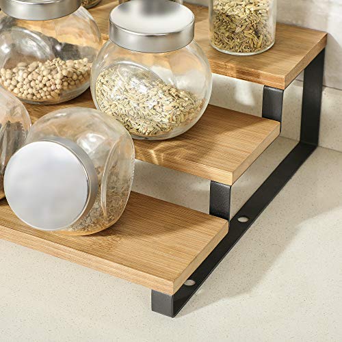 Spice Rack, Set of 2 Cabinet Shelf Organisers, 3-Tier Extendable Spice Holder, Bamboo, Stackable, for Pantry, Cupboard, Countertop, Natural and Black