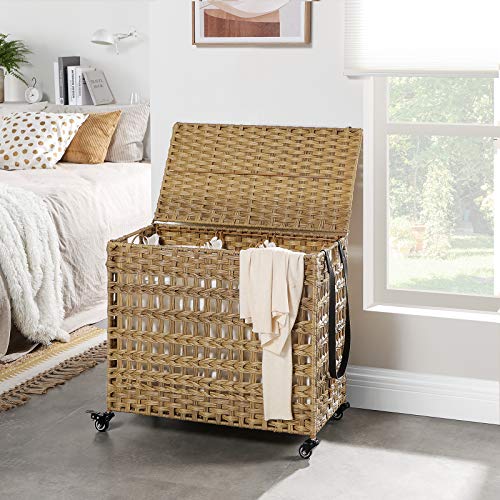 Handwoven Laundry Basket with Lid, Rattan-Style Laundry Hamper with 3 Separate Compartments, Handles, Removable Liner Bags, for Living Room, Bathroom, Laundry Room, Natural