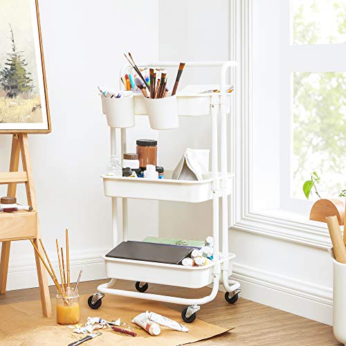 3 Tier Serving Trolley Kitchen Trolley with Handle, 2 Small Hanging Compartments, 2 Brakes, Plastic Storage Compartments, Easy Assembly, Bedroom, Laundry Room, White