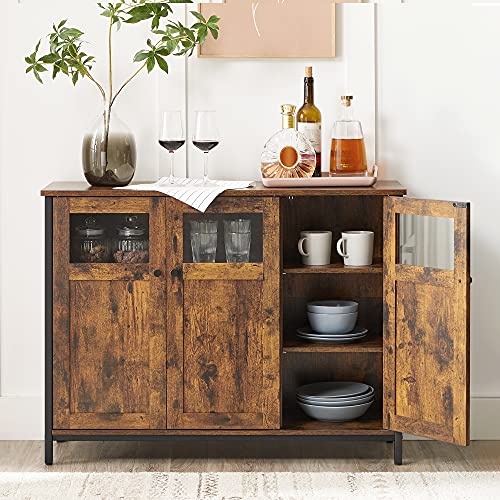 Sideboard, Buffet Table, Storage Cabinet with Glass Doors, Dining Room, Living Room, Hallway, Kitchen, Steel Frame, Industrial Style, Rustic Brown and Black