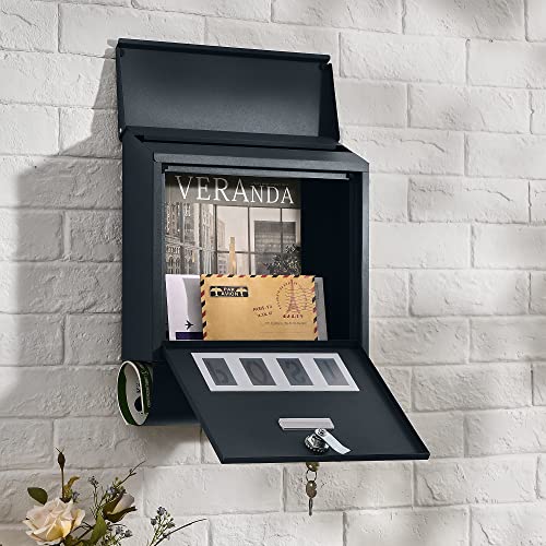 Mailbox, Wall-Mounted Letter Box, Hanging Postbox for Outside, Capped Lock with Copper Core, POST Viewing Window, Newspaper Holder, Nameplate, Easy to Install, Anthracite Grey