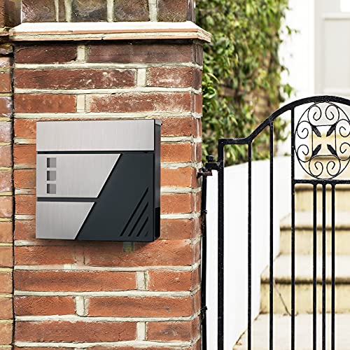 Mailbox, Wall-Mounted Letter Box with Viewing Windows, Stainless Steel for Porch and Front Door, with Lock and Keys, Silver and Anthracite Grey