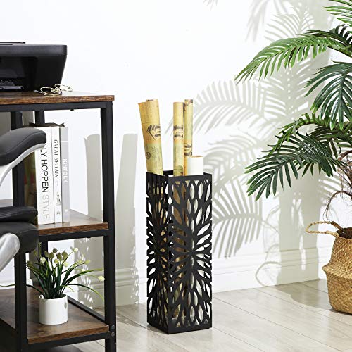 Metal Umbrella Stand, Modern Square Umbrella Holder Rack, 15.5 x 15.5 x 49 cm, with 4 Hooks and a Removable Drip Tray, for Hallway, Office, Black