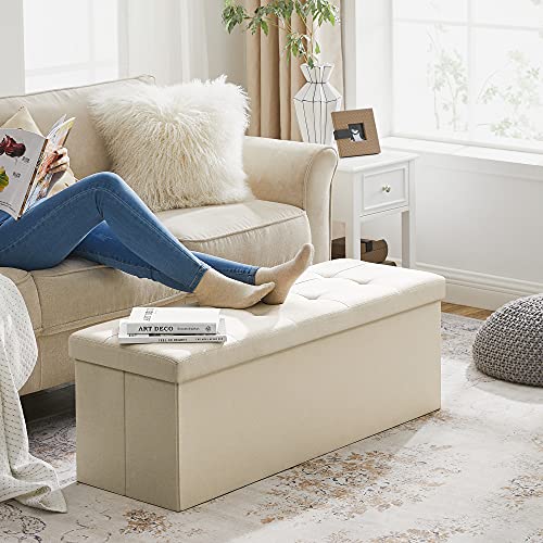 Foldable Storage Ottoman, Tufted Bench, Foot Stool with Lid, Imitation Linen Fabric, 120L, Hold Up to 300 kg, 110 x 38 x 38 cm (L x W x H), Beige