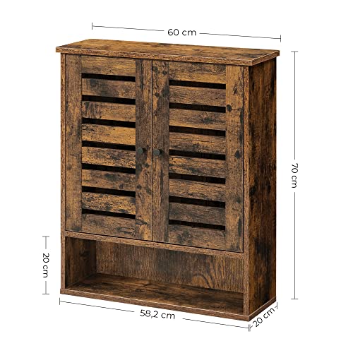 Wall Cabinet, Hanging Bathroom Storage Cabinet, Medicine Cupboard with Adjustable Shelf, Double Shutter Doors and Open Shelf, 60 x 20 x 70 cm, Rustic Brown