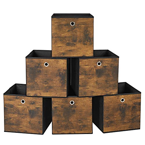 Foldable Storage Organiser Boxes, Set of 6 Storage Cubes, Clothes Organiser, Toy Bins, with Non-Woven Fabric, Oxford Fabric, 30 x 30 x 30 cm, Rustic Brown and Black