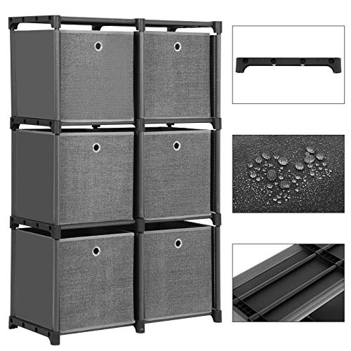 Ladder Storage Unit, 6 Cubes with 6 Storage Boxes, DIY Closet Organiser, Multifunctional with Modular Design, Sturdy Metal Frame, Includes Rubber Mallet, 105 x 30 x 105 cm, Black