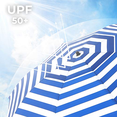 2 m Parasol, Beach Umbrella, Sun Protection with UPF 50+, Portable Octagonal Canopy, Tilt Mechanism, Air Vent, Carry Bag, for Beach, Gardens, Balcony, Pool, Blue and White Stripes