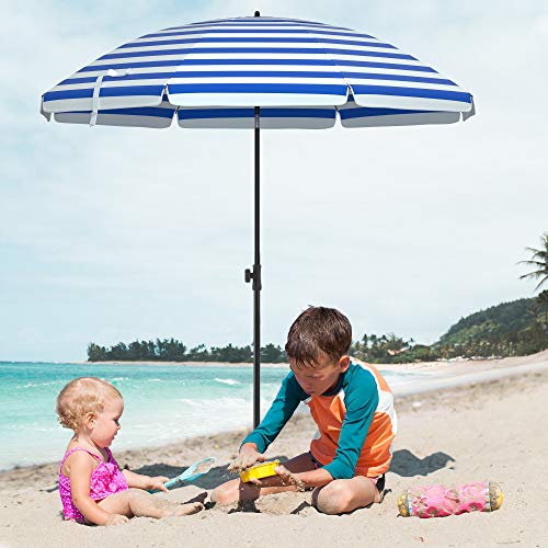 2 m Parasol, Beach Umbrella, Sun Protection with UPF 50+, Portable Octagonal Canopy, Tilt Mechanism, Air Vent, Carry Bag, for Beach, Gardens, Balcony, Pool, Blue and White Stripes