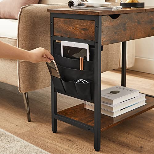 Side Table Folding Bedside Table with Sockets Folding Table Top with Shelf and Fabric Bag for Living Room Bedroom Vintage Brown Black