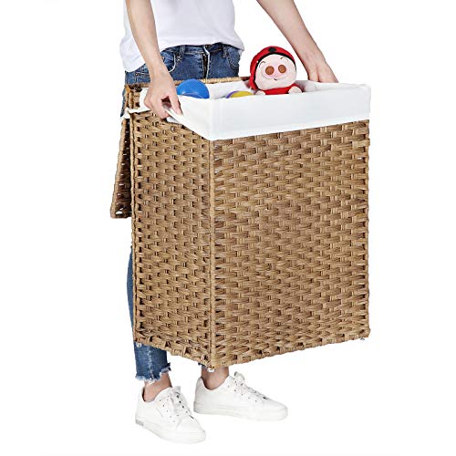 Handwoven Laundry Basket, 90L Synthetic Rattan Clothes Hamper with Lid and Handles, Foldable, Removable Liner Bag, Natural