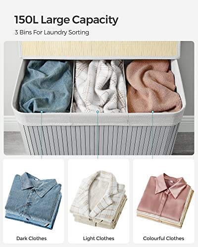 Laundry Hamper Basket with 3 Sections, Clip-on Lid and Handles, 150L Foldable, for Laundry Room, Bedroom, Bathroom, Grey