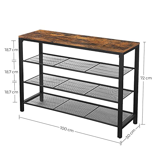 Shoe Rack, Shoe Organiser with 3 Mesh Shelves, for Hallway, Living Room, Bedroom, Simple Structure, Stable, Industrial Style, Rustic Brown and Black